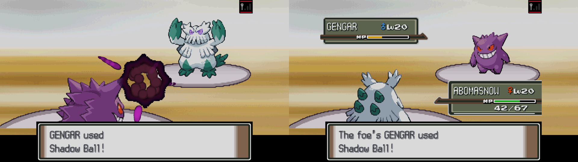 Both perspectives of a friend battle between Gengar and Abomasnow.