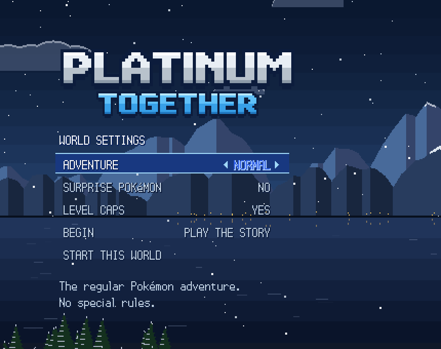 The development world setup screen with adventure, surprise Pokémon, level cap and starting story choices.